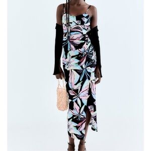 ZARA LINEN BLEND TROPICAL PRINT CORSET DRESS